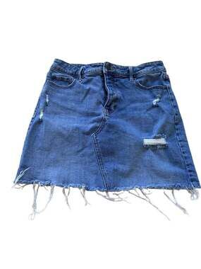 Old Navy Distressed Denim Mini Skirt Size 10 Button Fly Raw Hem Blue